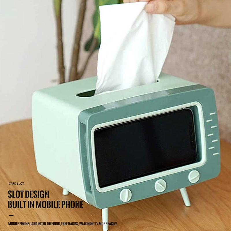SGVAHY Tissue Box Holder Retro TV Tissue Box Cover Cute and Practical Cell Phone Holder Tampon Holder for Bathroom Kitchen Bedroom Dressers Desks and Tables Night Stands Creative Gift (TV Green) - Image 3